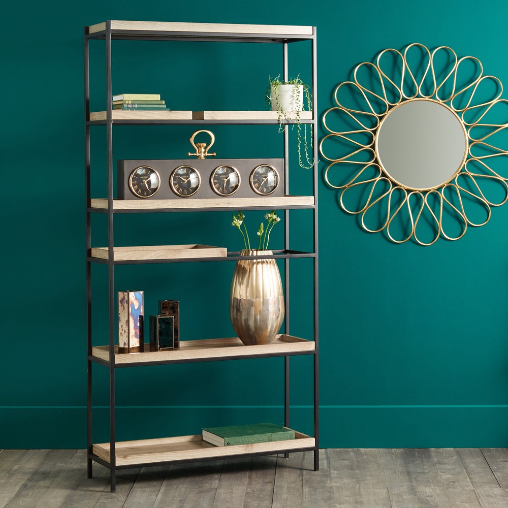 Product photograph of Olivia S Candice Natural Wood Veneer Black Metal 5 Shelf Unit from Olivia's.