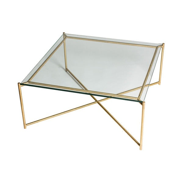 Product photograph of Gillmore Iris Clear Glass Top Brass Frame Square Coffee Table from Olivia's