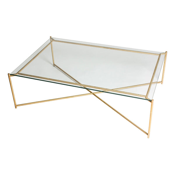 Product photograph of Gillmore Iris Clear Glass Top Brass Frame Rectangular Coffee Table from Olivia's