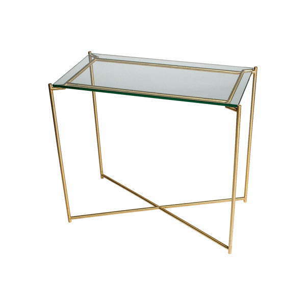 Product photograph of Gillmore Iris Clear Glass Top Brass Frame Console Table Large from Olivia's