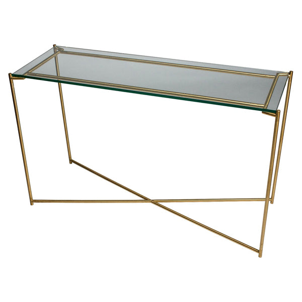 Product photograph of Gillmore Iris Clear Glass Top Brass Frame Console Table Small from Olivia's.