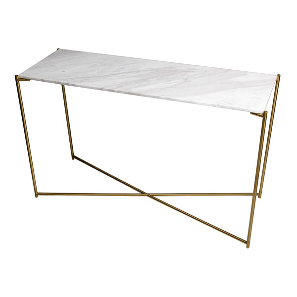 Product photograph of Gillmore Iris White Marble Brass Frame Console Table Large from Olivia's.