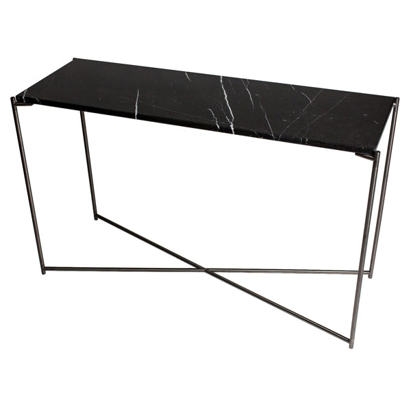 Product photograph of Gillmore Iris Black Marble Top Gun Metal Frame Console Table Small from Olivia's.