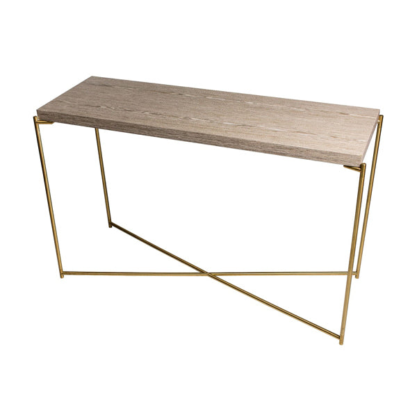 Product photograph of Gillmore Iris Weathered Oak Brass Frame Console Table Small from Olivia's.