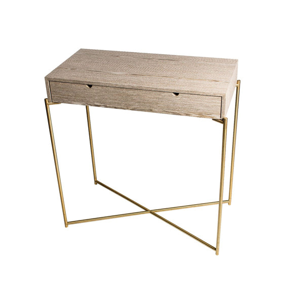 Product photograph of Gillmore Iris Weathered Oak Drawer Top With Brass Frame Console Table from Olivia's