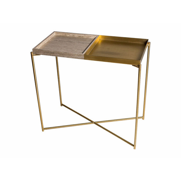 Product photograph of Gillmore Iris Weathered Oak Brass Trays Brass Frame Console Table from Olivia's