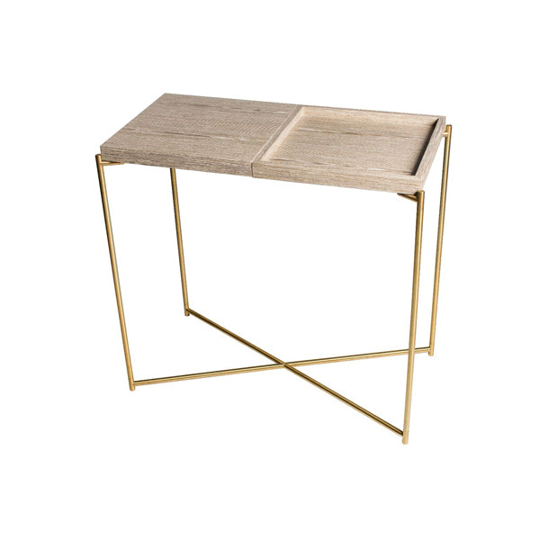 Gillmore Iris Weathered Oak Plain Tray Tops Brass Frame Console Table