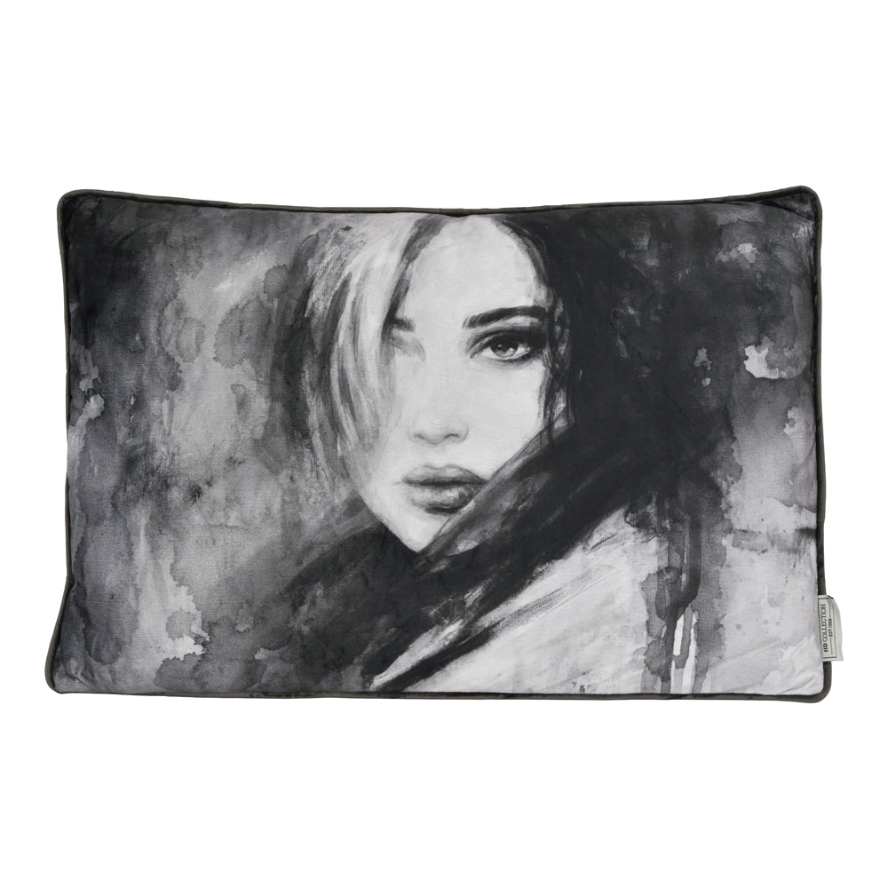 Product photograph of Libra Midnight Mayfair Collection - Woman Face Black Velvet Rectangular Cushion from Olivia's