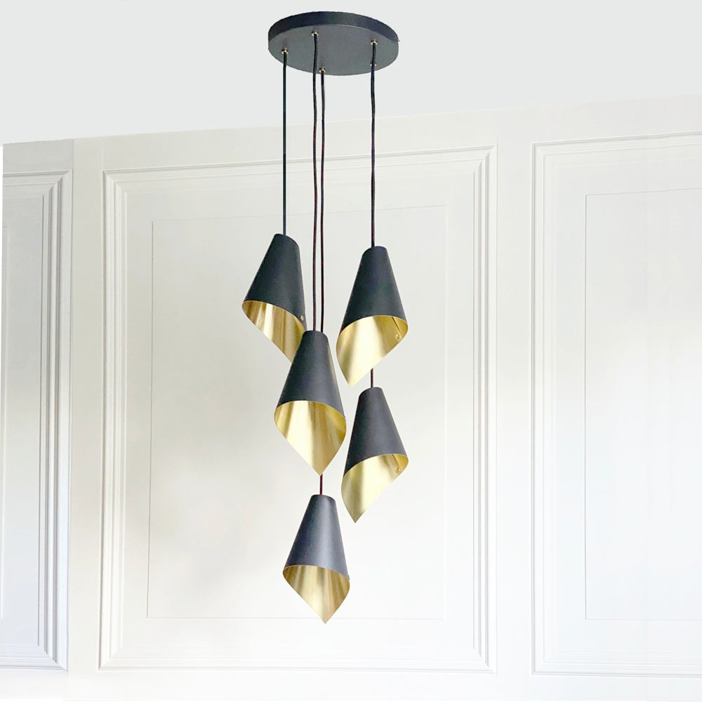 Product photograph of Arcform Lighting - Arc 5 Pendant Cascade Light In Brushed Brass Black from Olivia's.