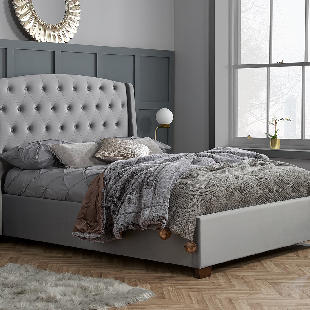 Olivias Bailey Fabric Bed In Grey Velvet Double