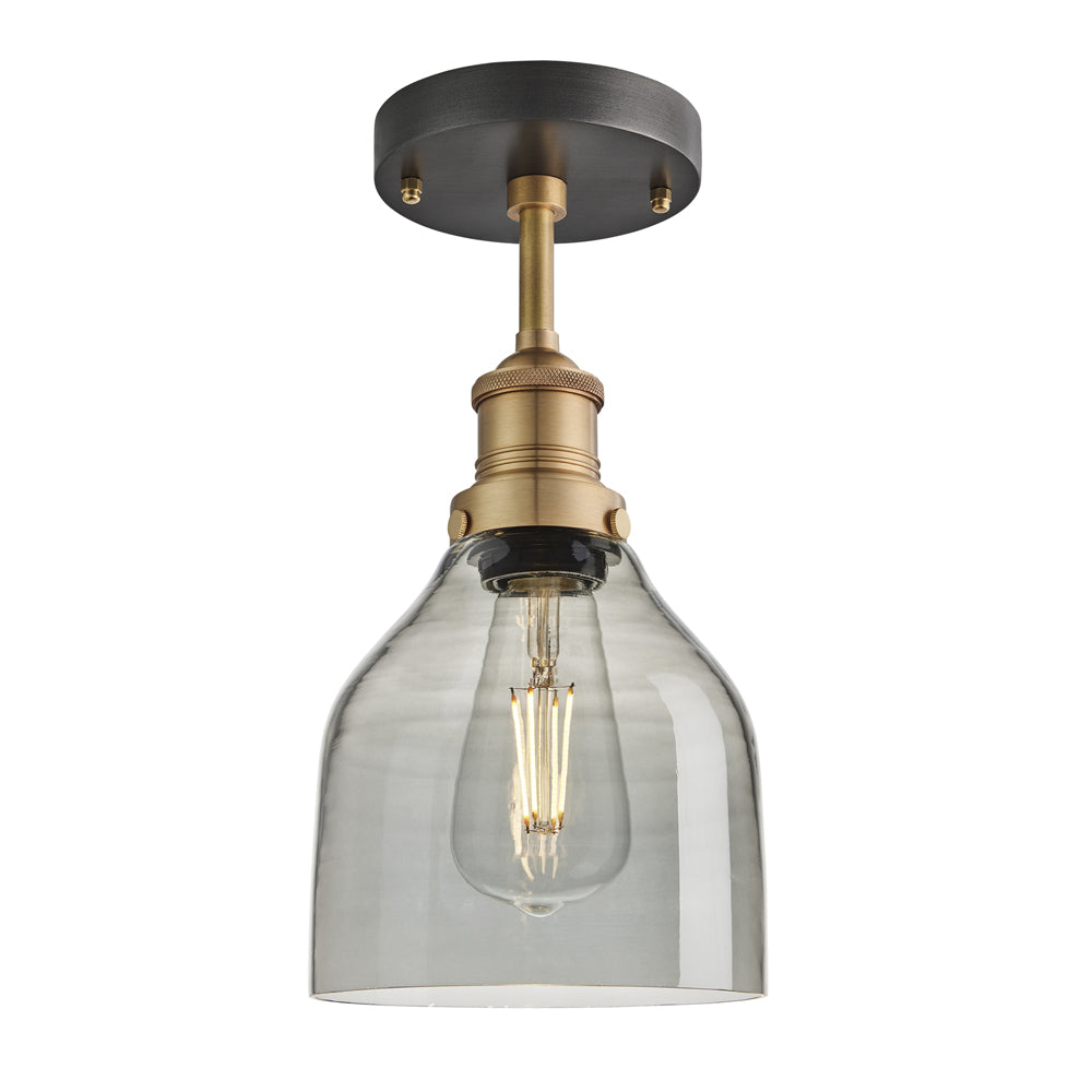 Product photograph of Industville Brooklyn 6 Inch Cone Flush Mount Smoke Grey Tinted Glass And Brass Holder from Olivia's