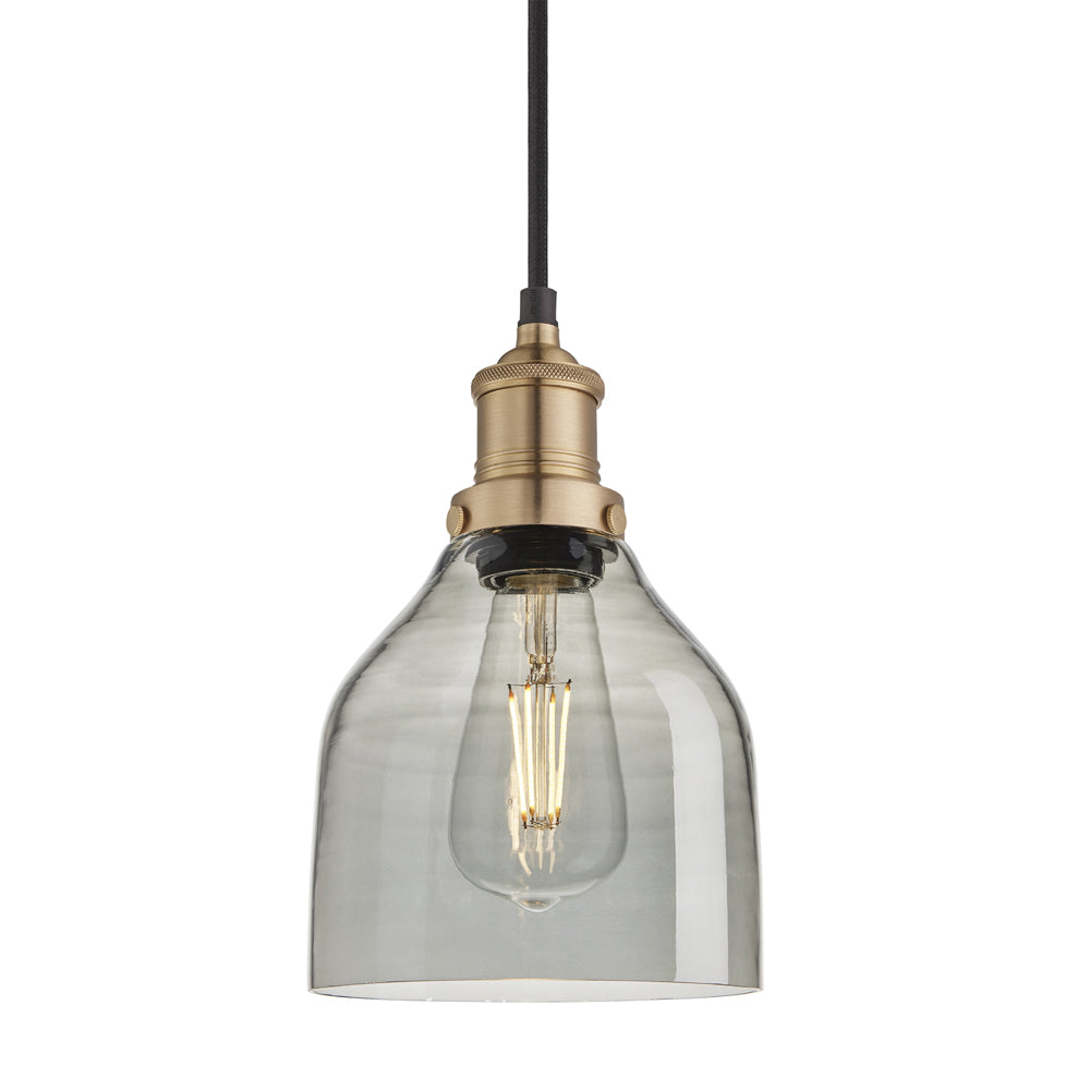 Product photograph of Industville Brooklyn 6 Inch Cone Pendant Smoke Grey Tinted Glass And Brass Holder from Olivia's