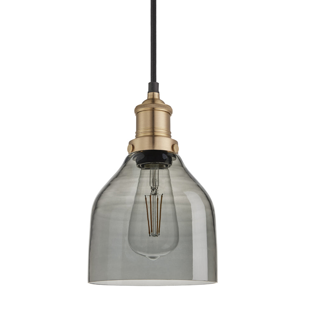 Product photograph of Industville Brooklyn 6 Inch Cone Pendant Smoke Grey Tinted Glass And Brass Holder from Olivia's.