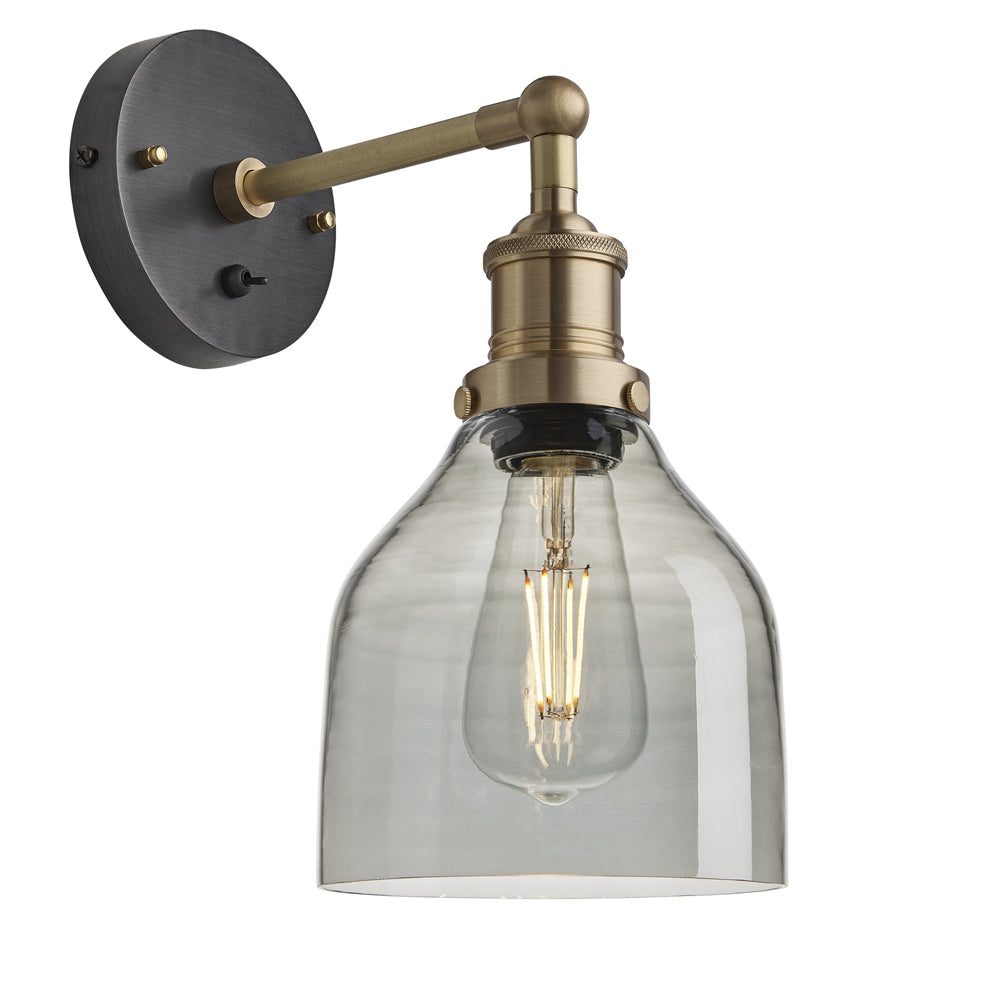 Industville Brooklyn 6 Inch Cone Wall Light Smoke Grey Tinted Glass And Brass Holder