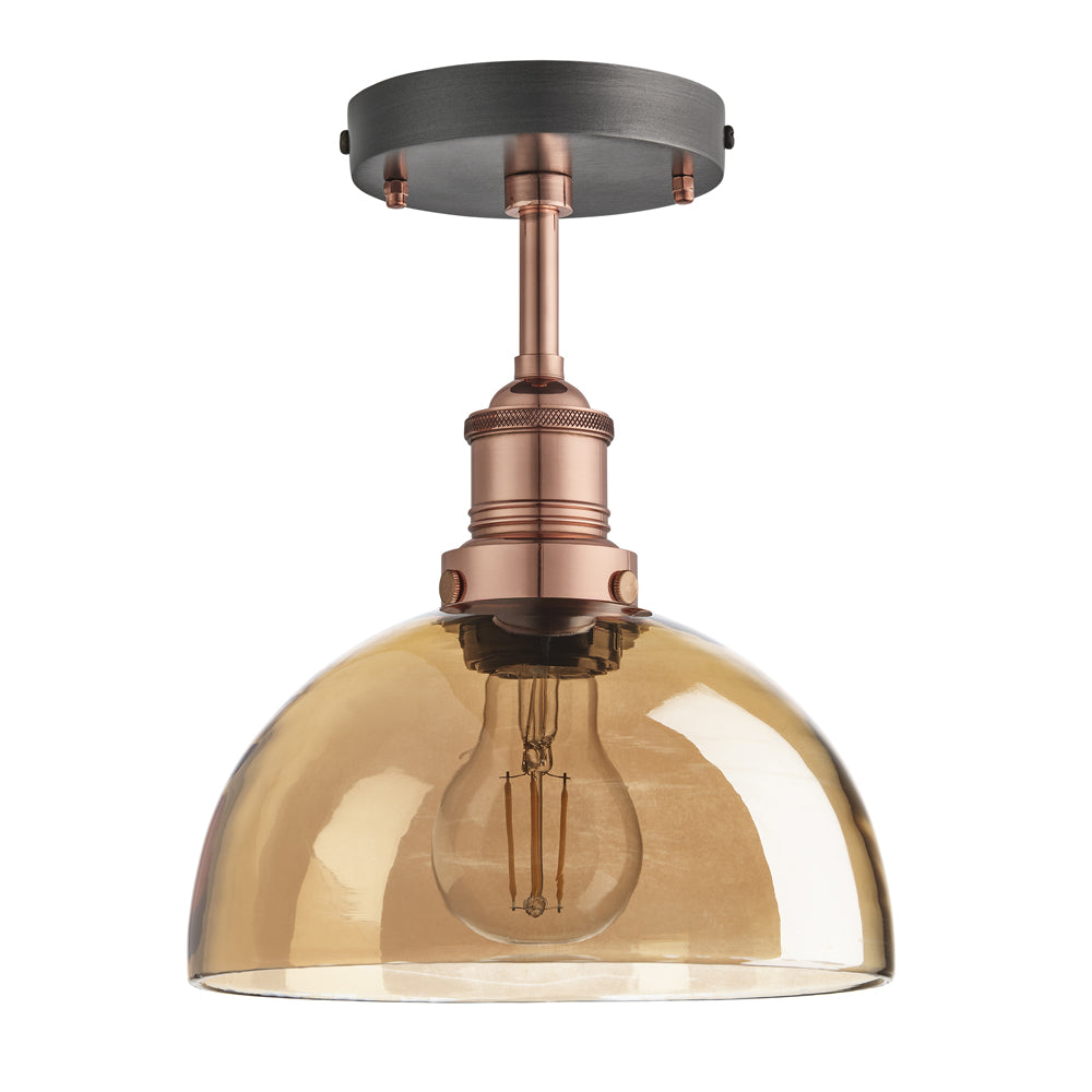 Product photograph of Industville Brooklyn Tinted Glass Dome Amber Flush Mount Light 8 Inch Copper Holder from Olivia's.
