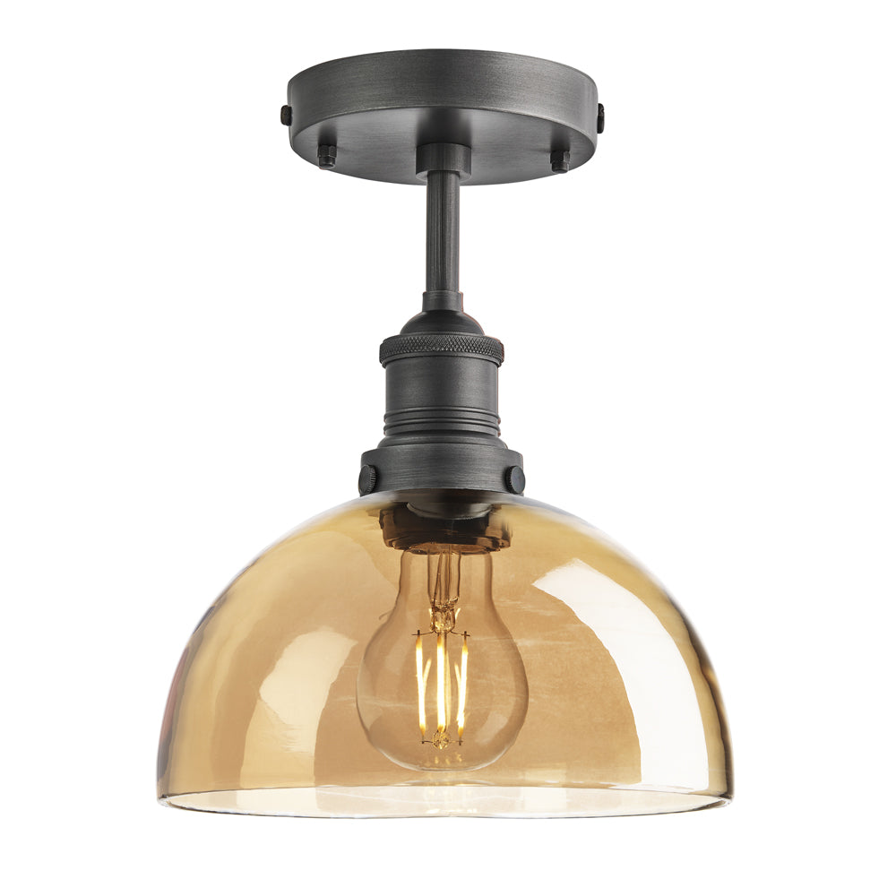 Product photograph of Industville Brooklyn Tinted Glass Dome Amber Flush Mount Light 8 Inch Pewter Holder from Olivia's.