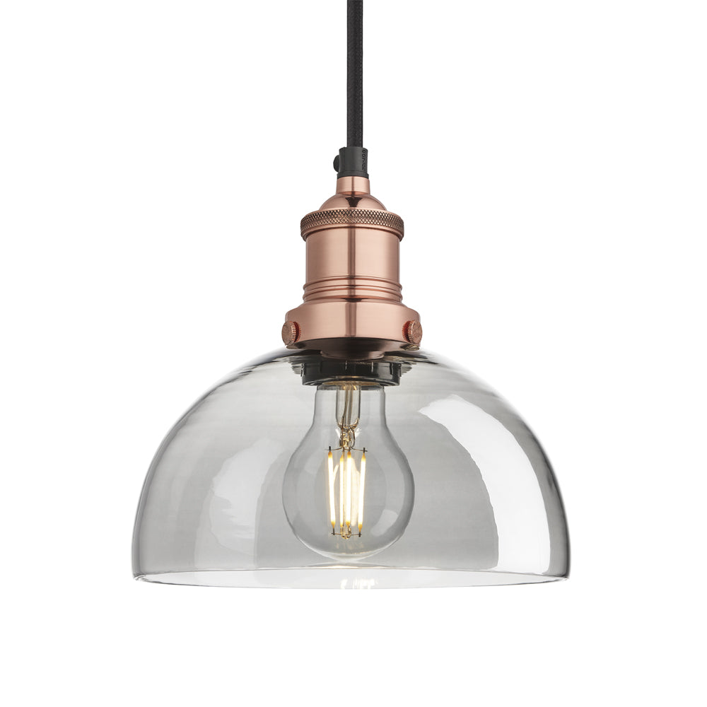 Product photograph of Industville 8 Inch Tinted Glass Dome Pendant 8 Inch Dome Pendant Smoke Grey Tinted Glass And Copper Holder from Olivia's.