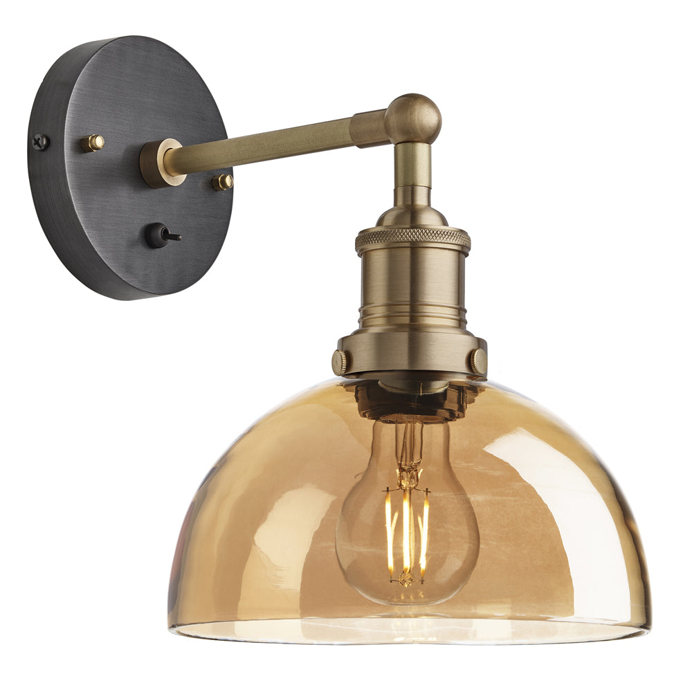 Product photograph of Industville Brooklyn Tinted Glass Dome Amber Wall Light 8 Inch Pewter Holder from Olivia's