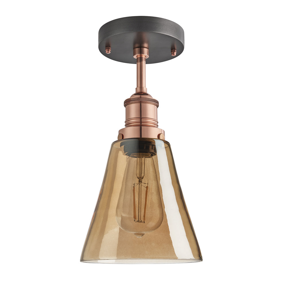 Product photograph of Industville Brooklyn Tinted Glass Flask Amber Flush Mount Light 6 Inch Copper Holder from Olivia's.