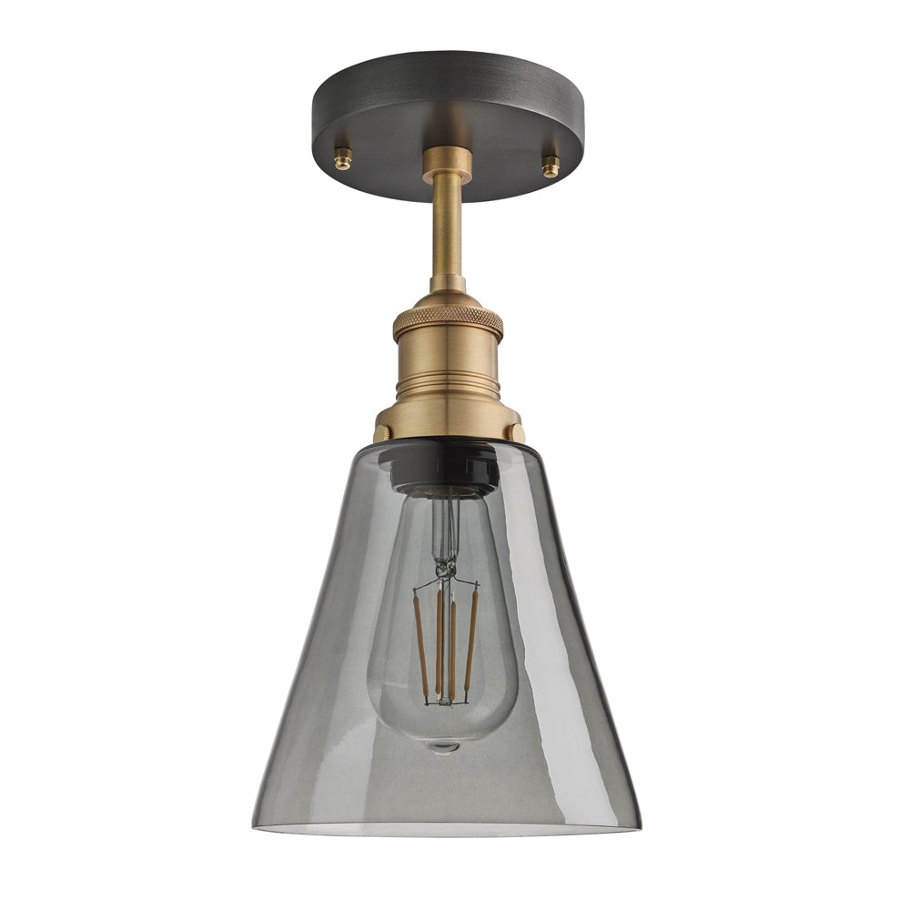 Product photograph of Industville Brooklyn 6 Inch Flask Flush Mount Smoke Grey Tinted Glass And Brass Holder from Olivia's.