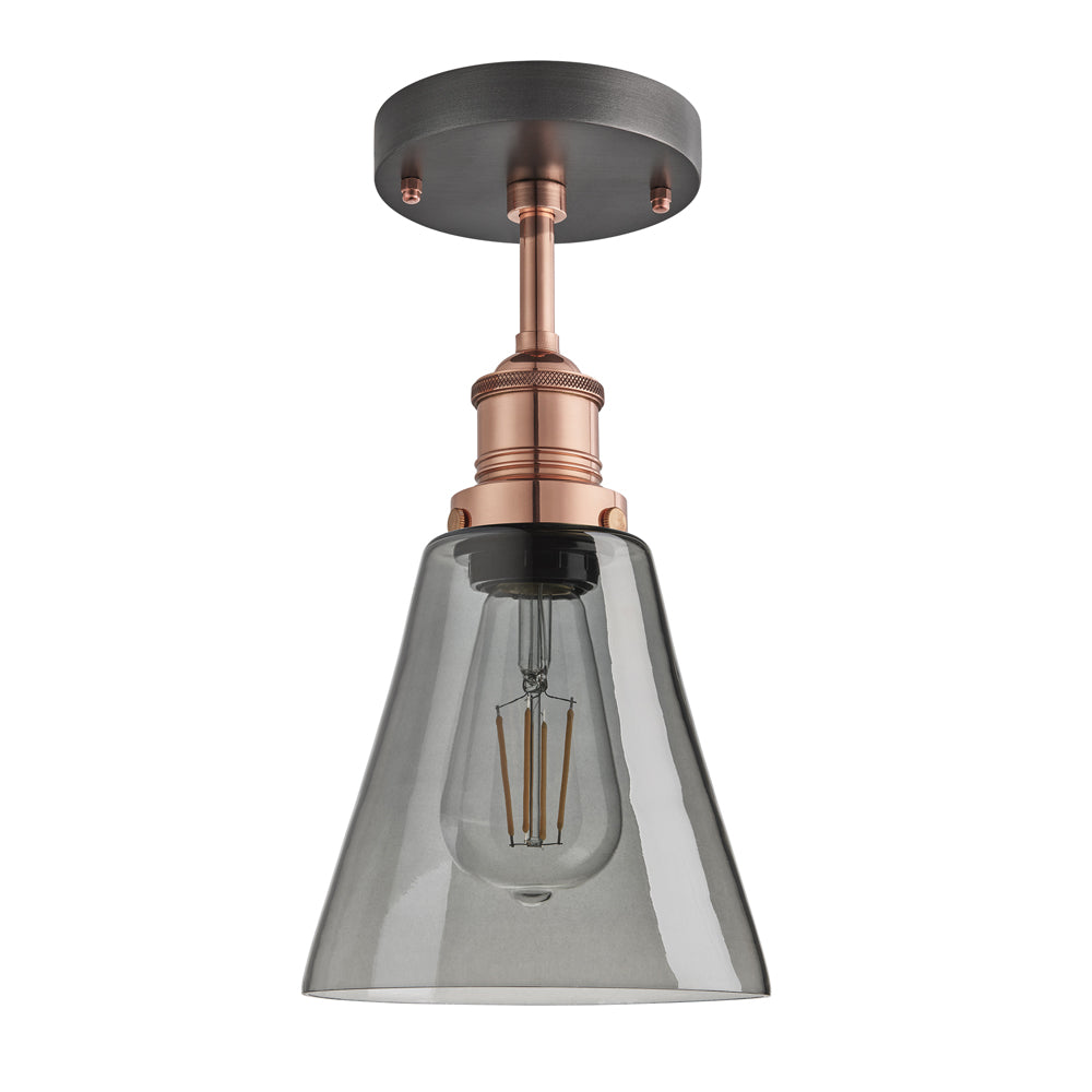 Product photograph of Industville Brooklyn 6 Inch Flask Flush Mount Smoke Grey Tinted Glass And Copper Holder from Olivia's.