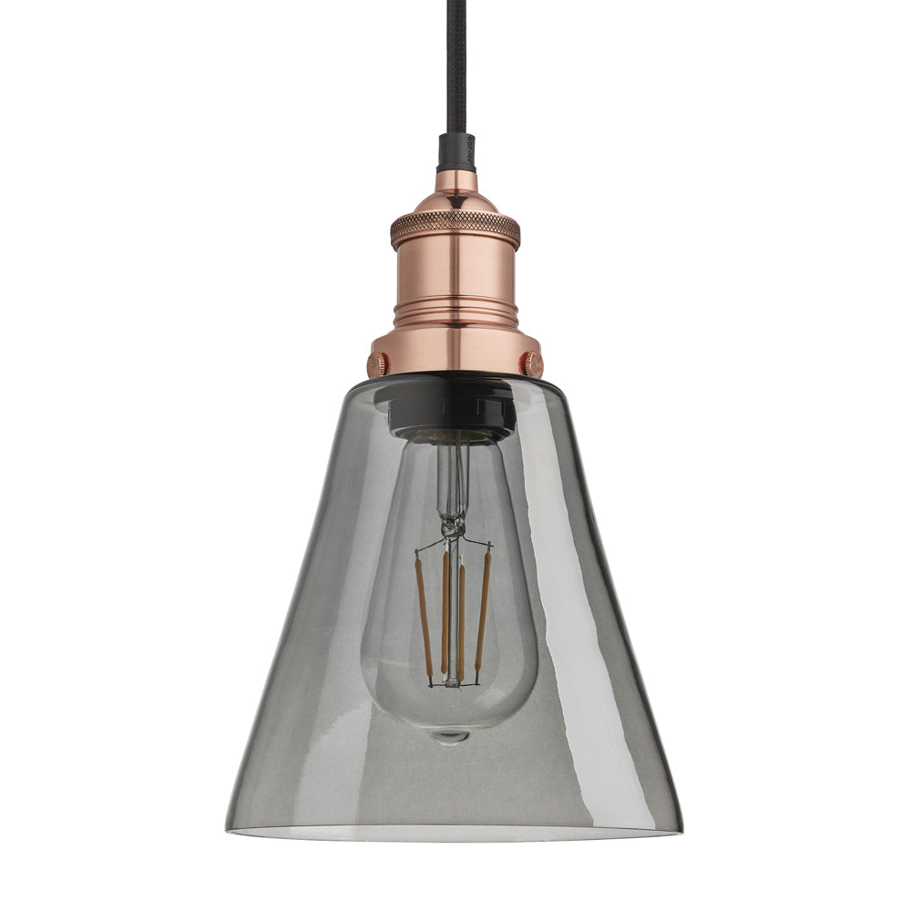 Product photograph of Industville Brooklyn 6 Inch Flask Pendant Smoke Grey Tinted Glass And Copper Holder from Olivia's.