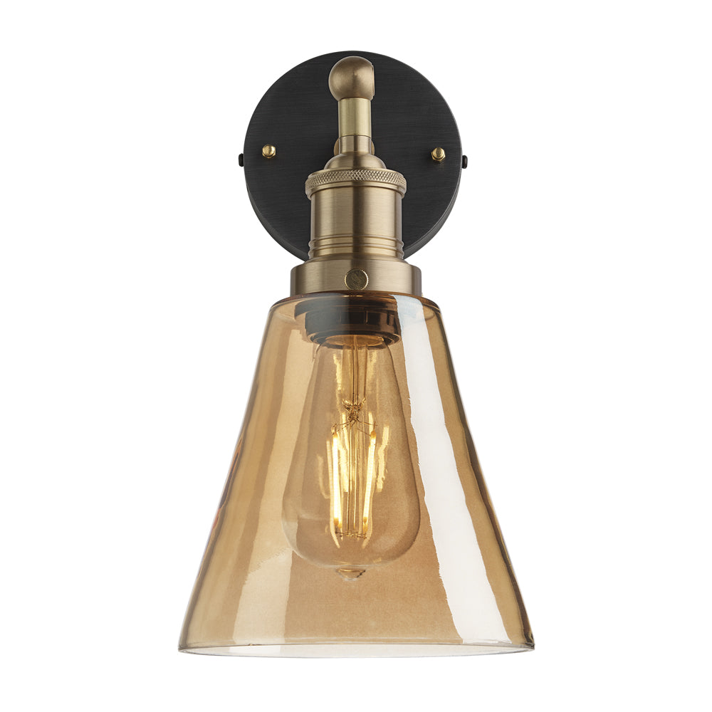Product photograph of Industville Brooklyn Tinted Glass Flask Amber Wall Light 6 Inch Copper Holder from Olivia's.