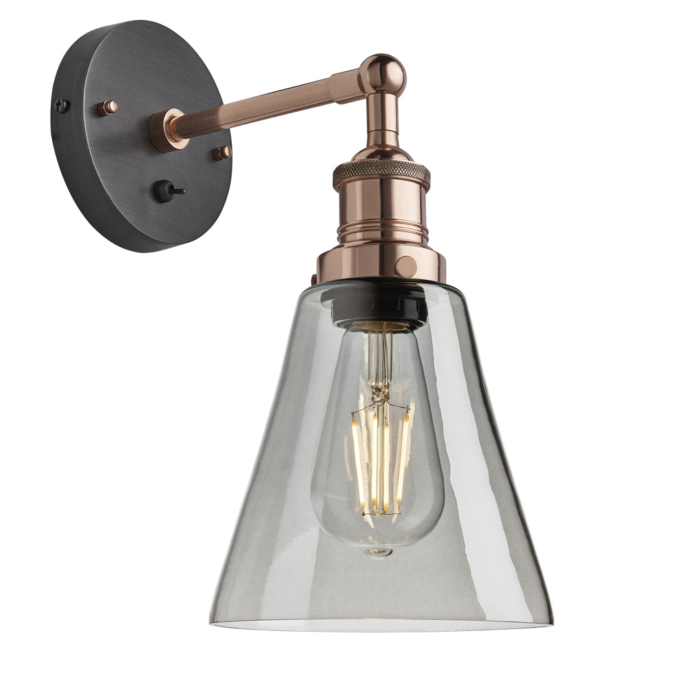 Industville Brooklyn 6 Inch Flask Wall Light Smoke Grey Tinted Glass And Copper Holder