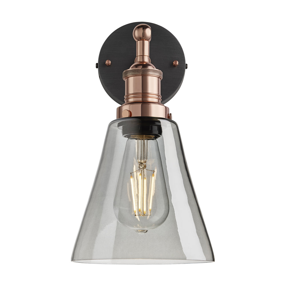 Product photograph of Industville Brooklyn 6 Inch Flask Wall Light Smoke Grey Tinted Glass And Copper Holder from Olivia's.