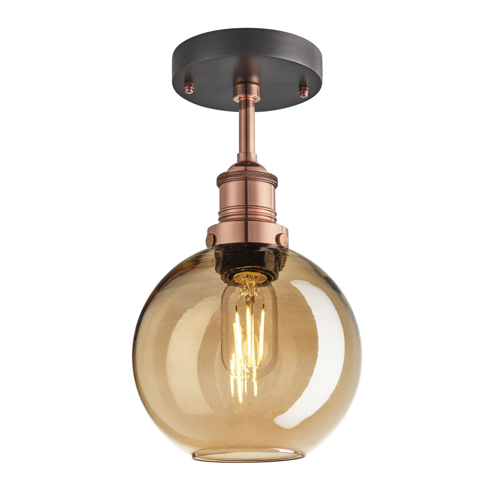 Product photograph of Industville Brooklyn Tinted Glass Globe Amber Flush Mount Light 9 Inch Pewter Holder from Olivia's.