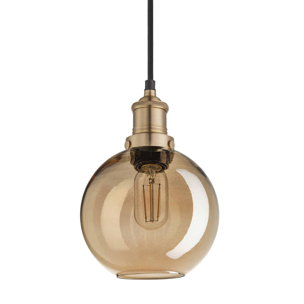 Product photograph of Industville Brooklyn Tinted Glass Globe Amber Pendant 7 Inch Pewter Holder from Olivia's.