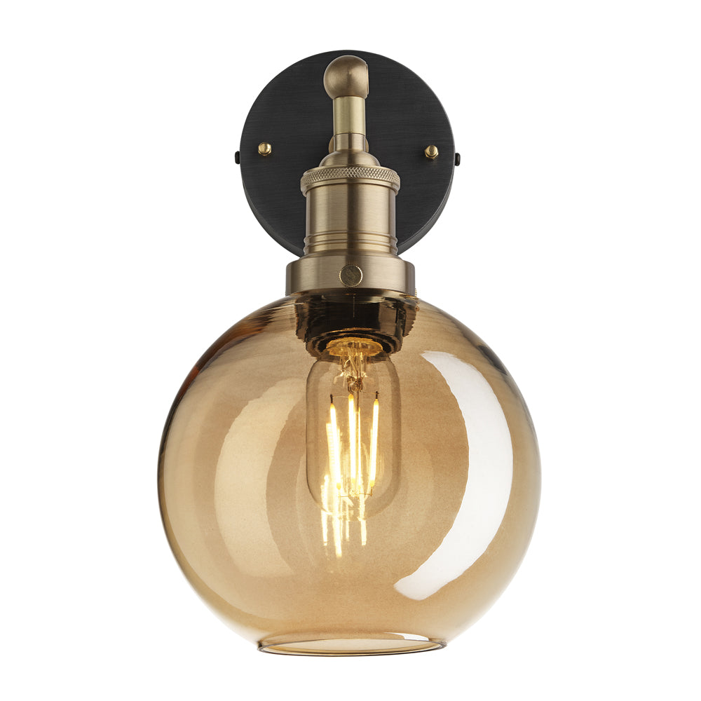 Product photograph of Industville Brooklyn Tinted Glass Globe Amber Wall Light 7 Inch Pewter Holder from Olivia's.