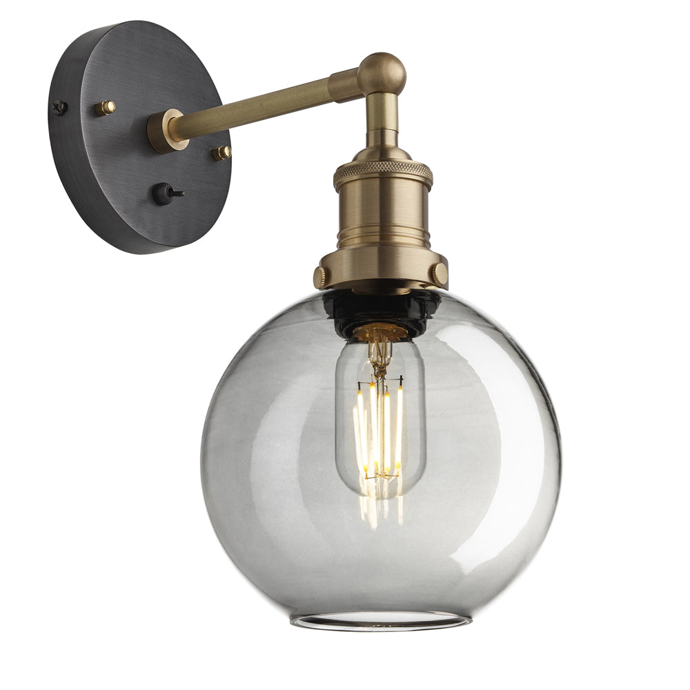 Industville Brooklyn 7 Inch Globe Wall Light Smoke Grey Tinted Glass And Pewter Holder