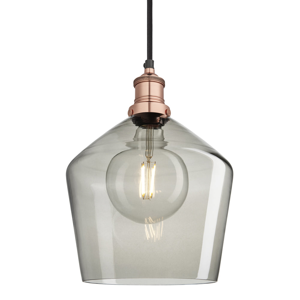 Product photograph of Industville Brooklyn 10 Inch Schoolhouse Pendant Light Smoke Grey Smoke Grey Tinted Glass And Copper Holder from Olivia's.