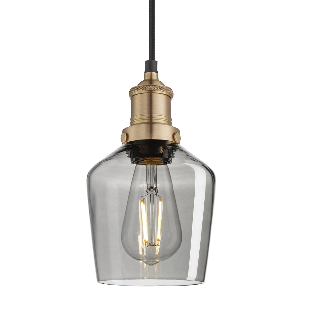 Product photograph of Industville Brooklyn 5 5 Inch Schoolhouse Pendant Smoke Grey Tinted Glass And Copper Holder from Olivia's