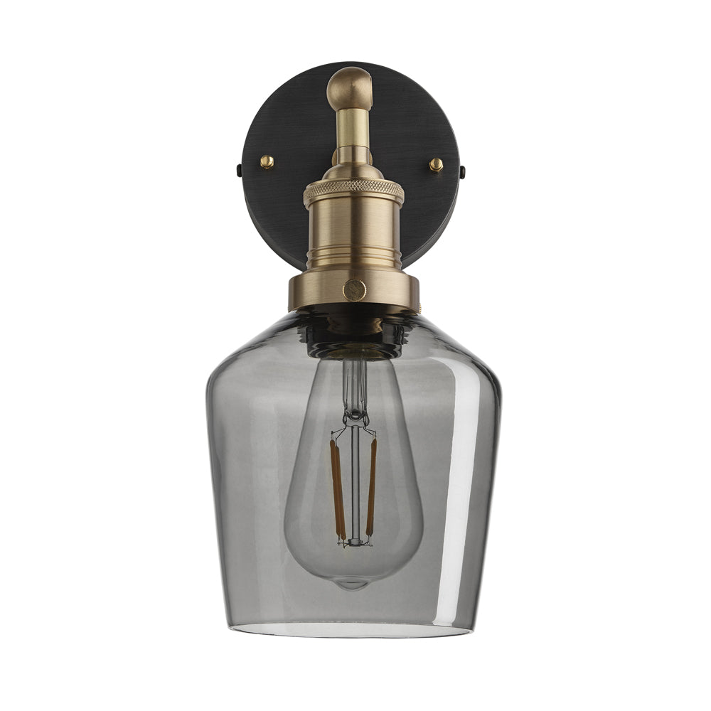 Product photograph of Industville Brooklyn 5 5 Inch Schoolhouse Wall Light Smoke Grey Tinted Glass And Brass Holder from Olivia's.