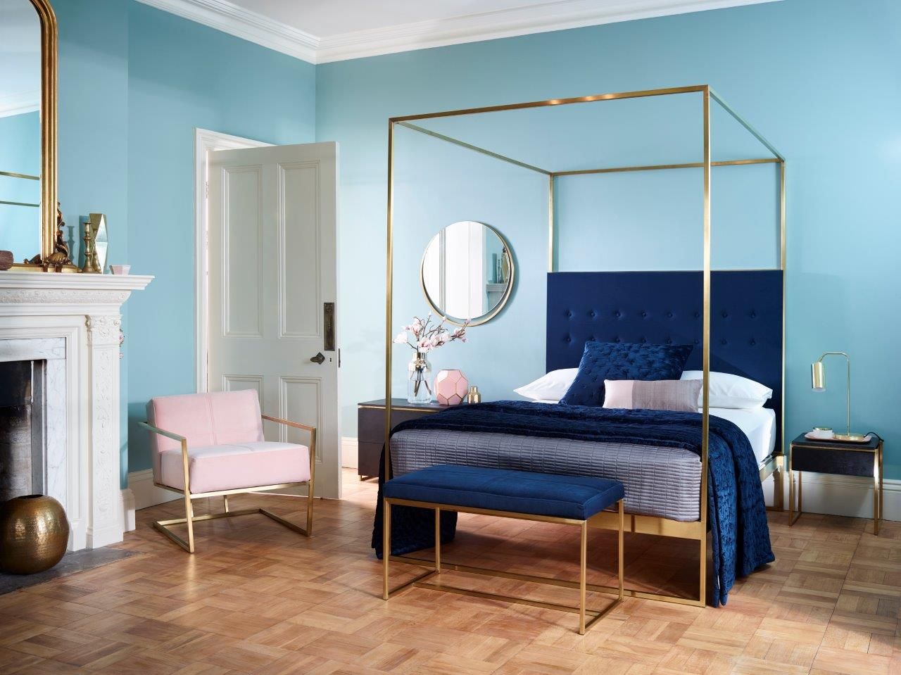 Product photograph of Gillmore Bed Federico Brass Frame Canopy Midnight Blue Upholstered Headboard Bed Double from Olivia's.