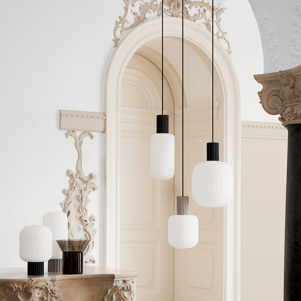 Product photograph of Broste Copenhagen Lolly Ceiling Light Metal Black And Opal Glass White Medium from Olivia's.