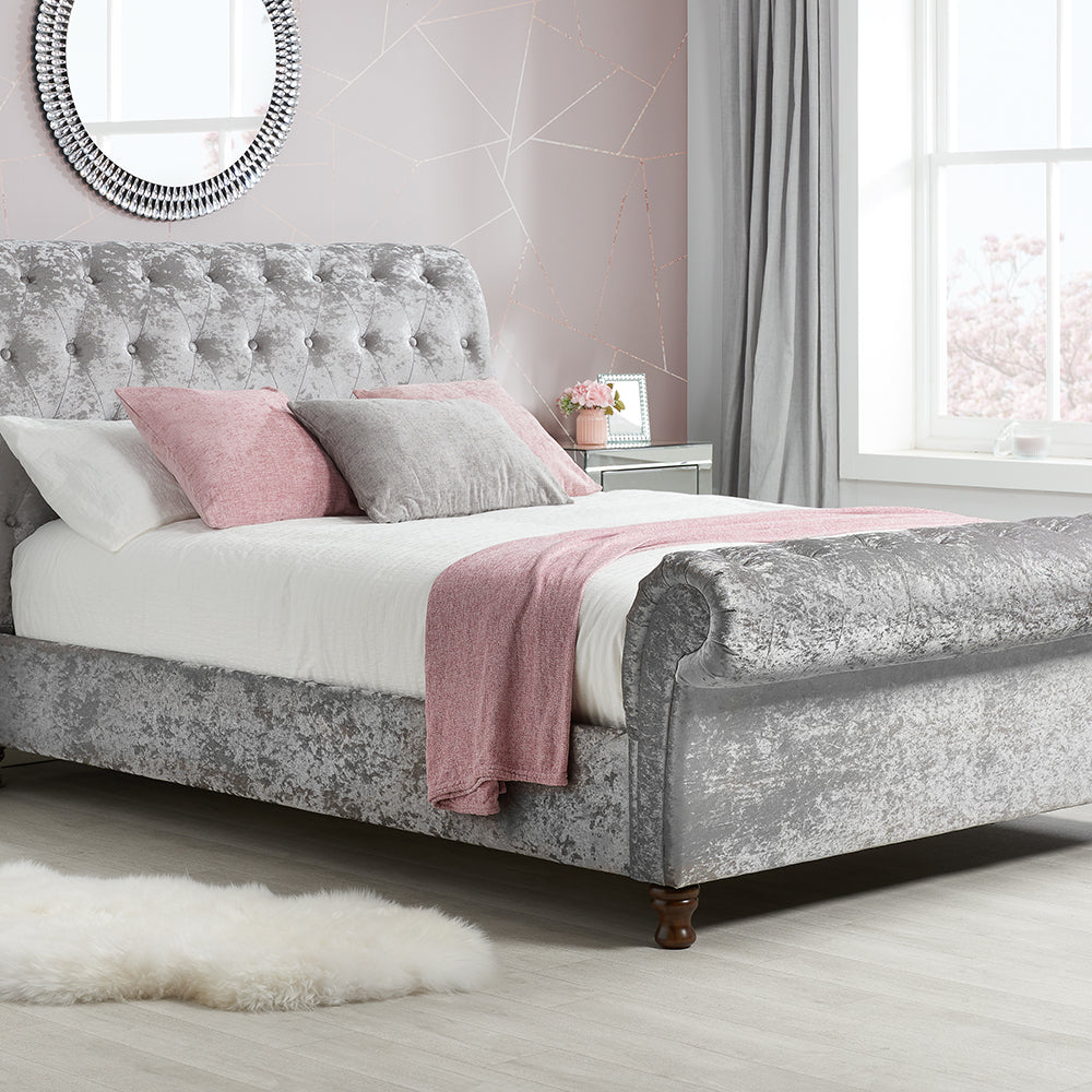 Olivias Caspian Bed In Steel Crushed Velvet Double