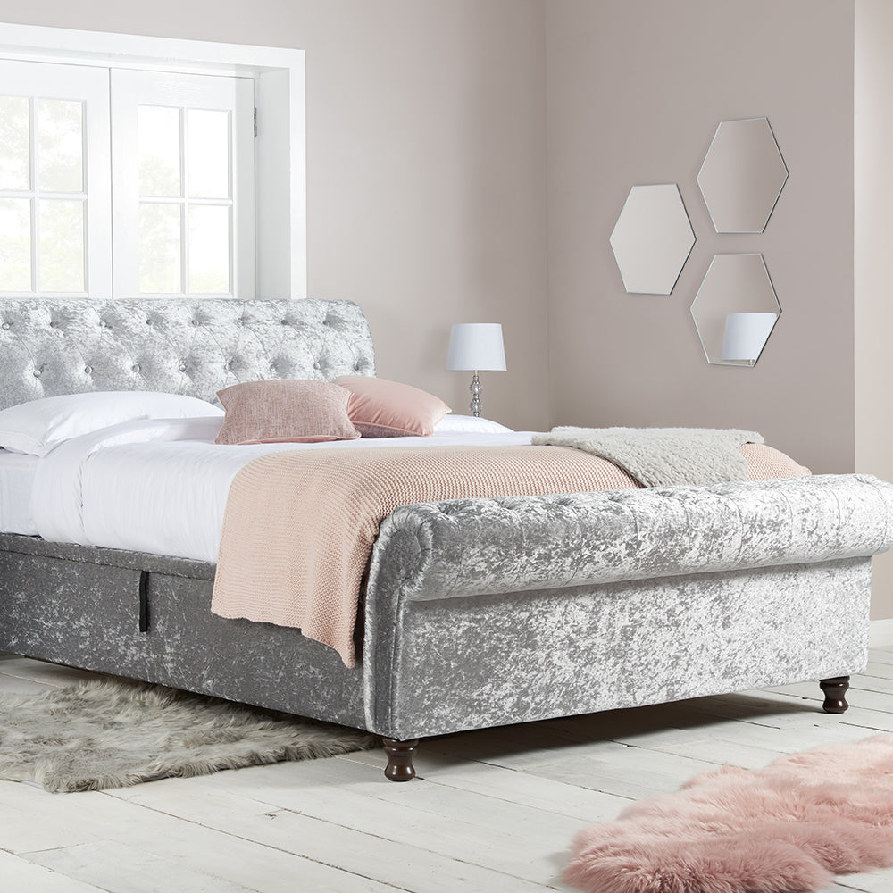 Product photograph of Olivia S Caspian Side Opening Ottoman Bed In Steel Crushed Velvet Kingsize from Olivia's