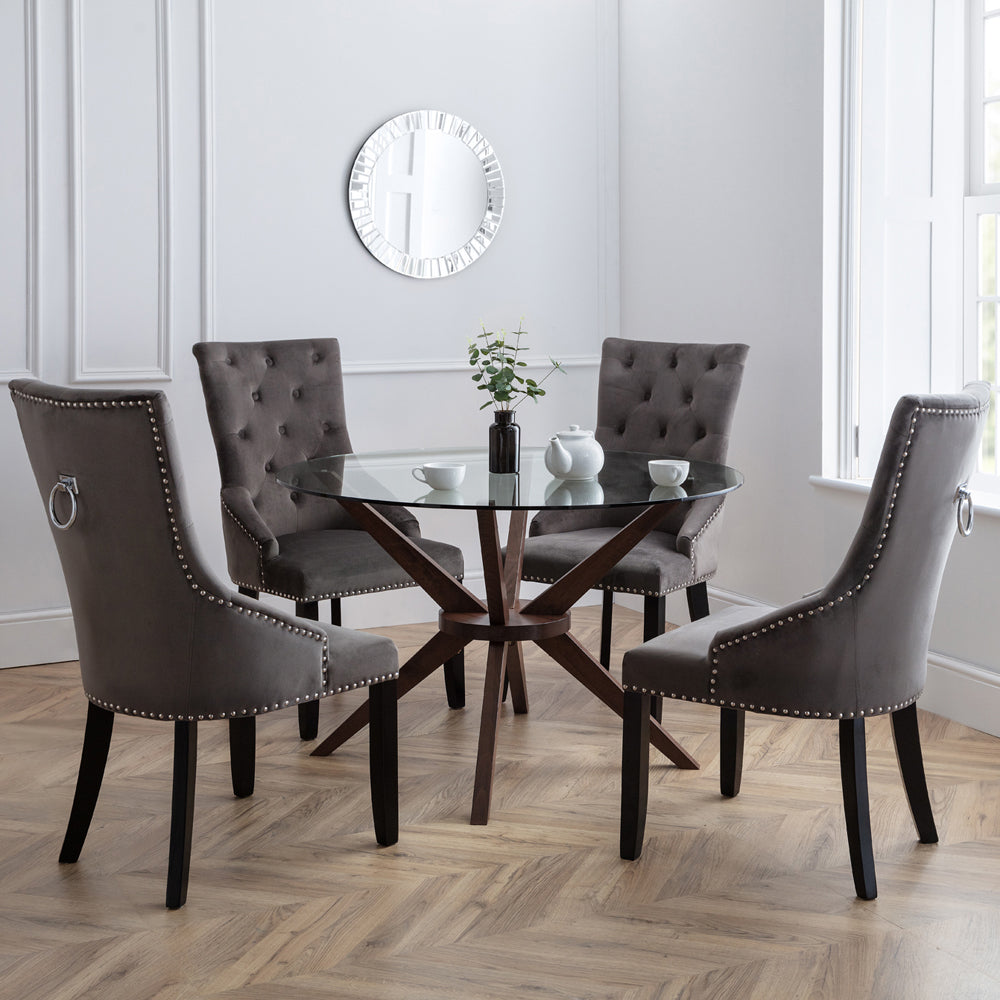 Olivias Chester Round Glass Dining Table In Walnut
