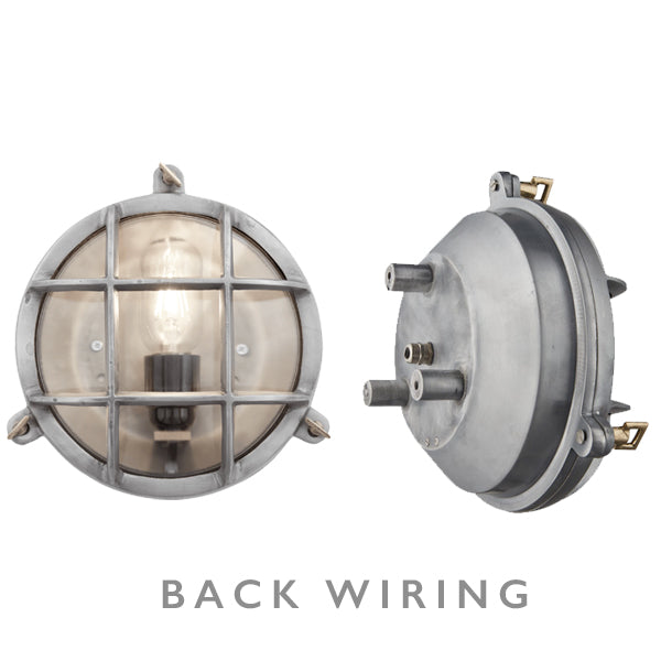 Product photograph of Industville Bulkhead Outdoor Bathroom Round Light - 8 Inch - Gunmetal Ribbed Wiring Back from Olivia's.