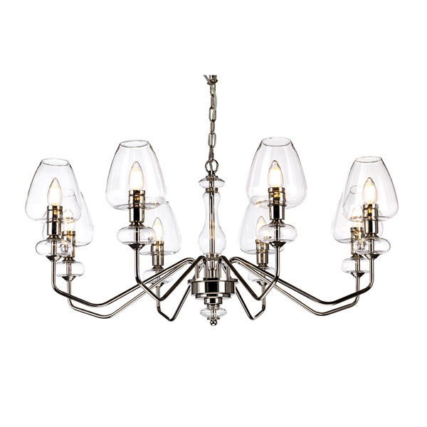 Product photograph of Elstead Armand 8 Light Chandelier Polished Nickel Plated With Clear Glass Shades from Olivia's