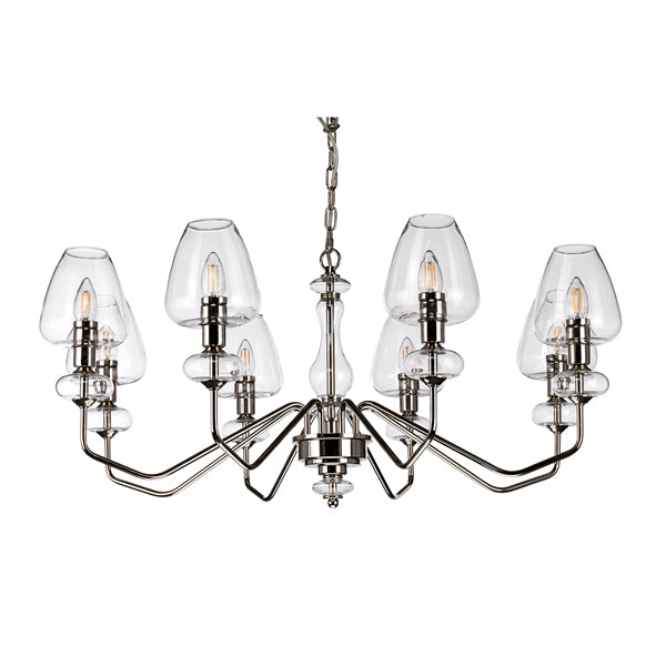 Product photograph of Elstead Armand 8 Light Chandelier Polished Nickel Plated With Clear Glass Shades from Olivia's.