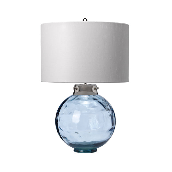 Product photograph of Elstead Kara Metalwork Table Lamp Polished Nickel Glassware Blue from Olivia's.