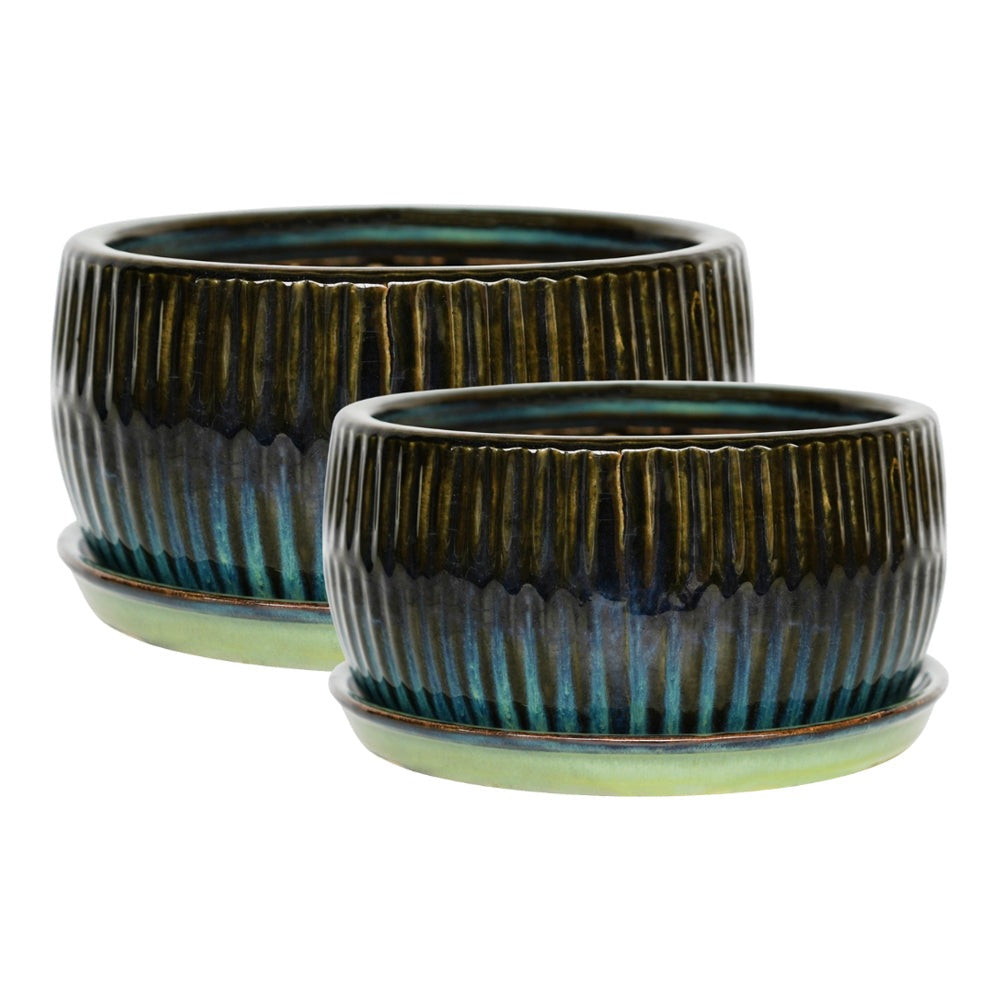 Product photograph of Ivyline Set Of 2 Round Reactive Glaze Bonsai Planters In Emerald from Olivia's