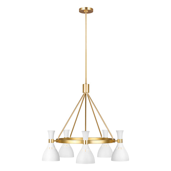 Product photograph of Elstead Joan 5 Light Chandelier Matte White And Burnished Brass from Olivia's