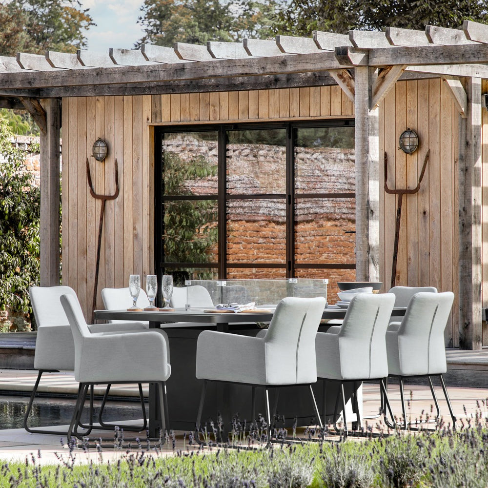 Product photograph of Gallery Interiors Ibis Garden 8 Seater Dining Set With Fire Pit Table In Slate from Olivia's.