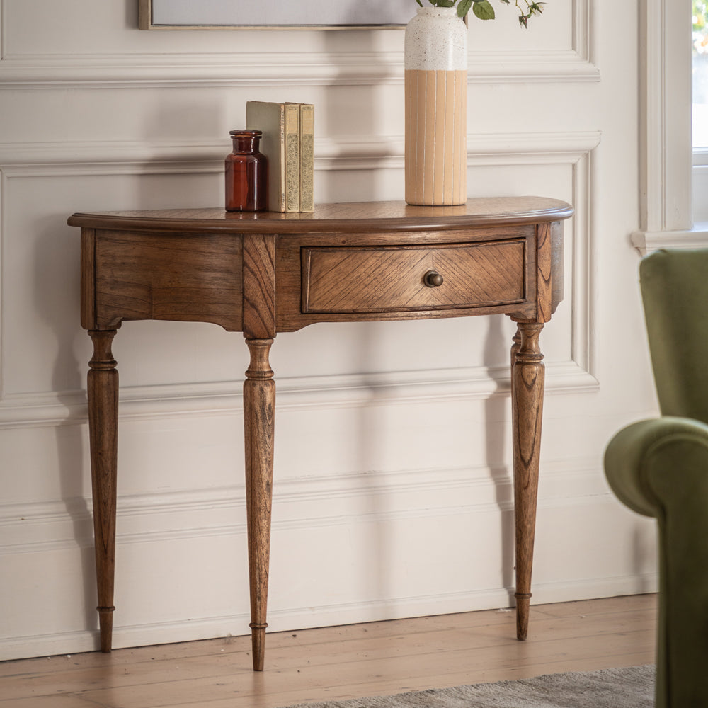 Product photograph of Gallery Interiors Highgate Demi Lune Table In Natural Wood from Olivia's.