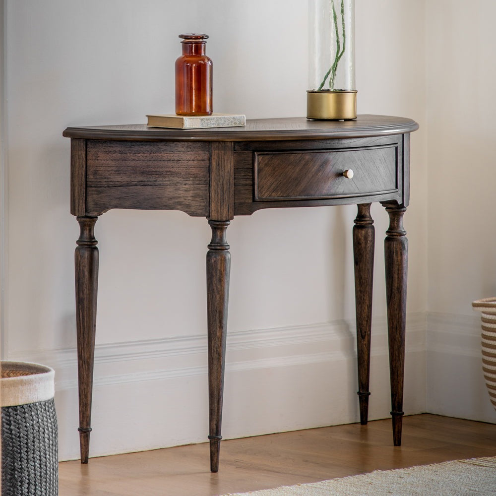 Product photograph of Gallery Interiors Melody Demi Lune Table In Dark Wood from Olivia's.